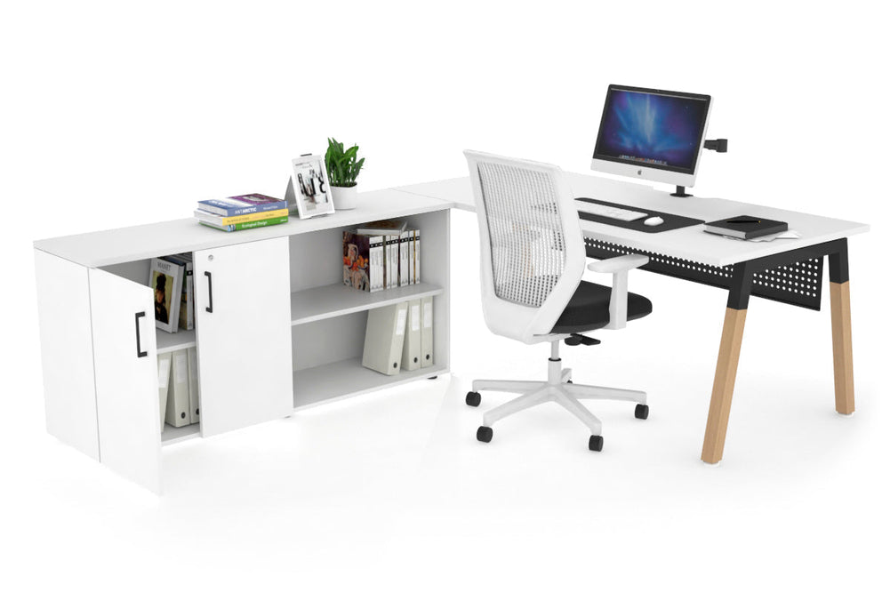 Quadro A Legs Executive Setting - Wood Legs Black Cross Beam [1600L x 800W with Cable Scallop]-white black modesty 2 door open storage cabinet