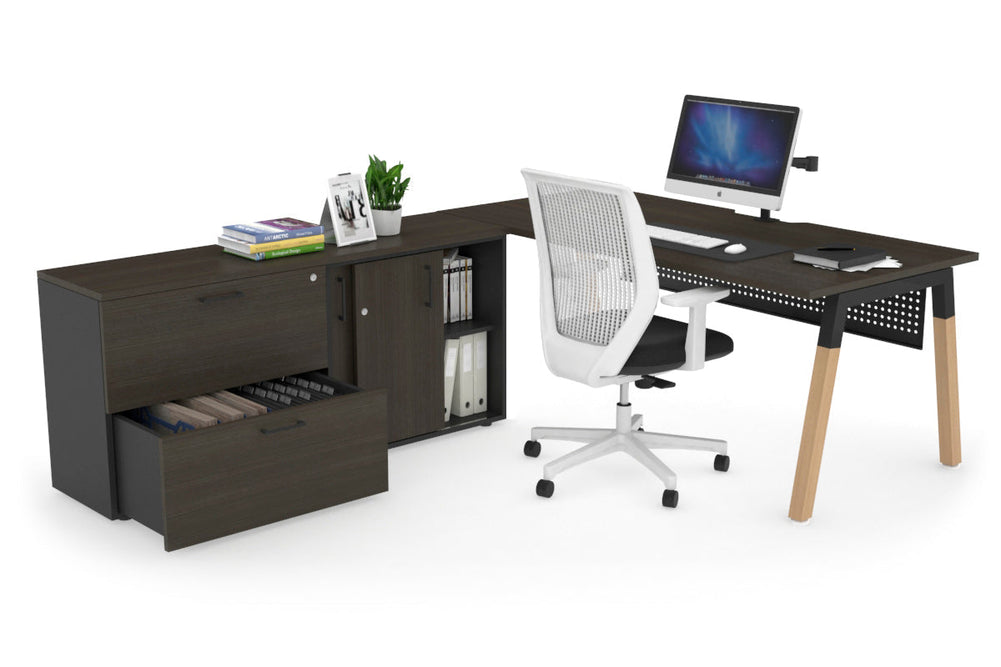 Quadro A Legs Executive Setting - Wood Legs Black Cross Beam [1600L x 800W with Cable Scallop]-dark oak black modesty 2 drawer lateral sliding door credenza