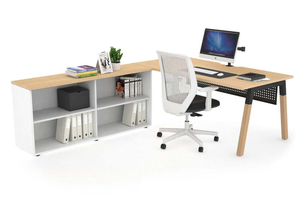 Quadro A Legs Executive Setting - Wood Legs Black Cross Beam [1600L x 800W with Cable Scallop]-maple black modesty open bookcase
