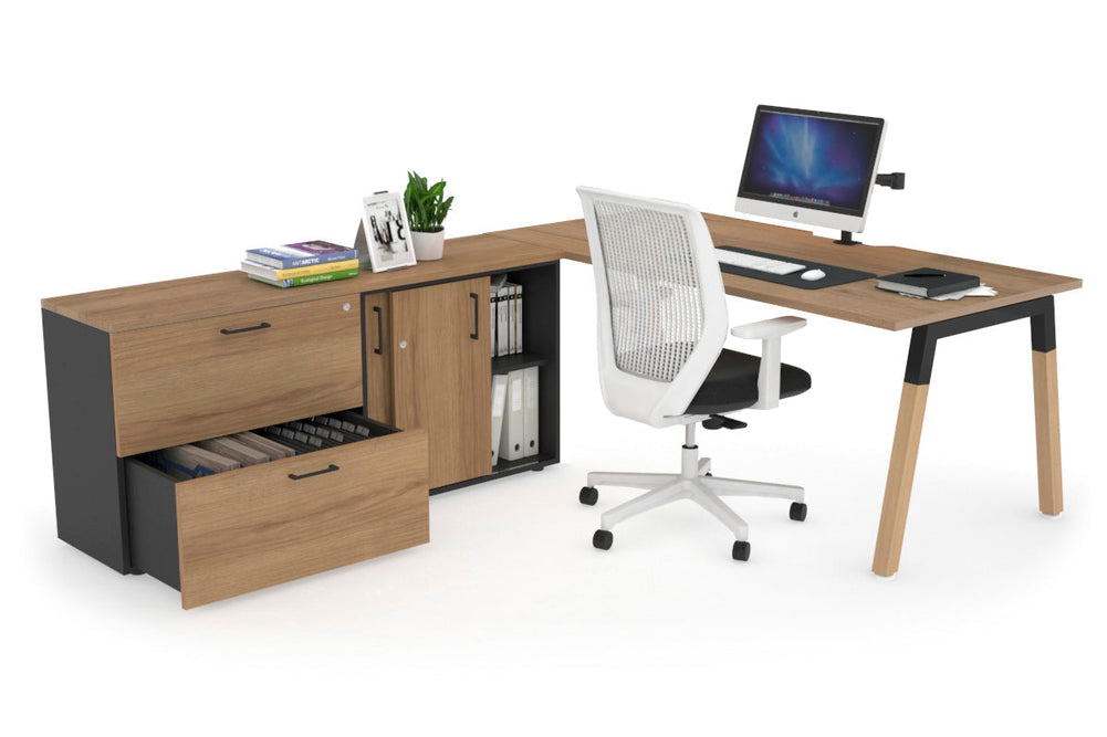 Quadro A Legs Executive Setting - Wood Legs Black Cross Beam [1600L x 800W with Cable Scallop]-salvage oak none 2 drawer lateral sliding door credenza