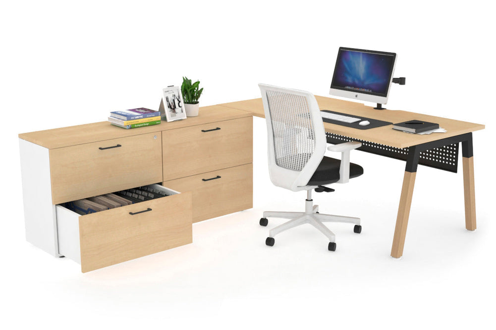 Quadro A Legs Executive Setting - Wood Legs Black Cross Beam [1600L x 800W with Cable Scallop]-maple black modesty 4 drawer lateral filing cabinet