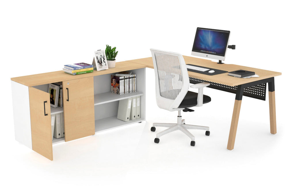 Quadro A Legs Executive Setting - Wood Legs Black Cross Beam [1600L x 800W with Cable Scallop]-maple black modesty 2 door open storage cabinet