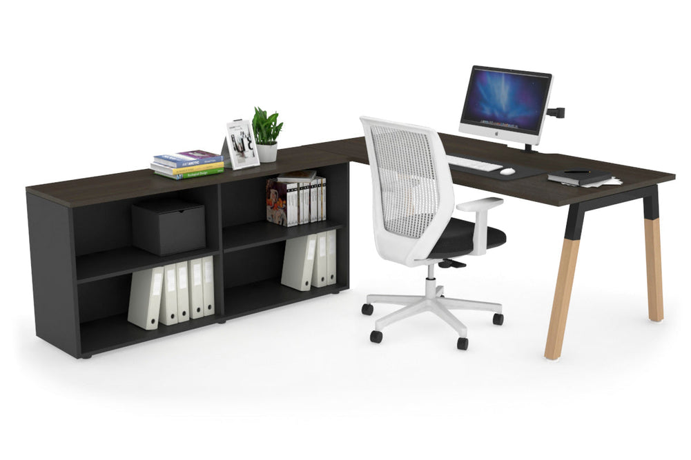 Quadro A Legs Executive Setting - Wood Legs Black Cross Beam [1600L x 800W with Cable Scallop]-dark oak none open bookcase