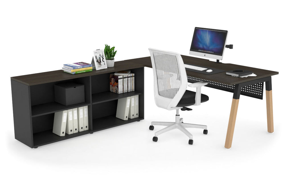 Quadro A Legs Executive Setting - Wood Legs Black Cross Beam [1600L x 800W with Cable Scallop]-dark oak black modesty open bookcase