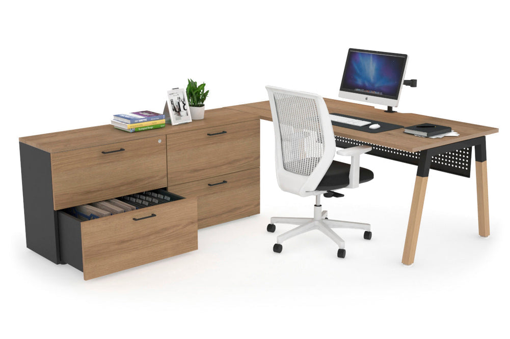 Quadro A Legs Executive Setting - Wood Legs Black Cross Beam [1600L x 800W with Cable Scallop]-salvage oak black modesty 4 drawer lateral filing cabinet