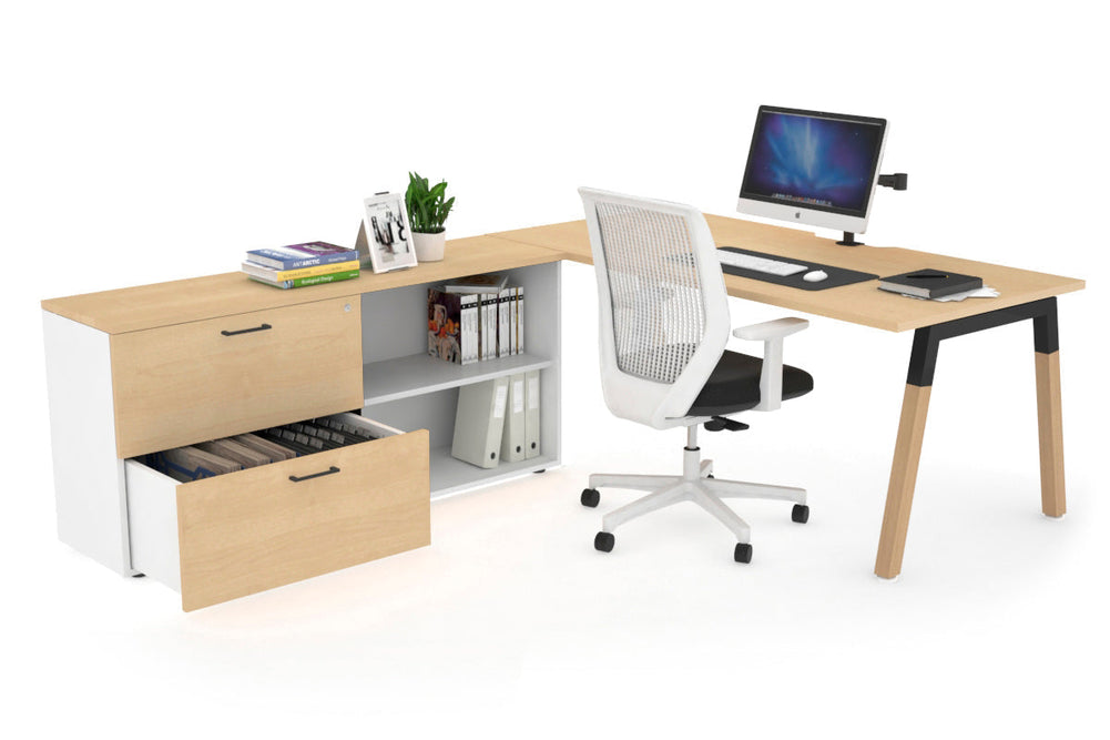 Quadro A Legs Executive Setting - Wood Legs Black Cross Beam [1600L x 800W with Cable Scallop]-maple none 2 drawer open filing cabinet