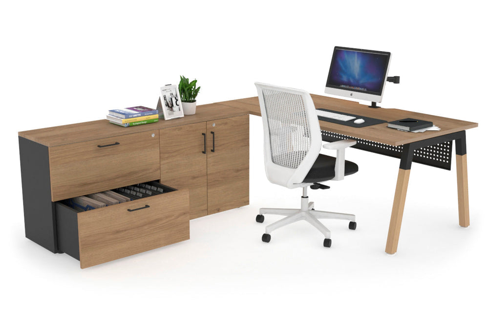 Quadro A Legs Executive Setting - Wood Legs Black Cross Beam [1600L x 800W with Cable Scallop]-salvage oak black modesty 2 drawer 2 door filing cabinet