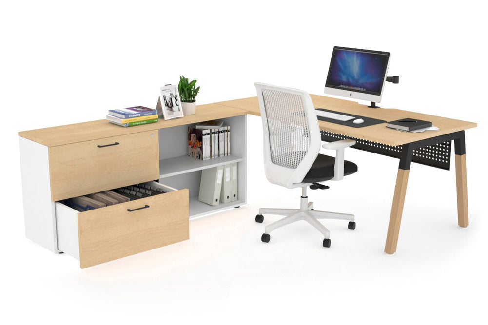 Quadro A Legs Executive Setting - Wood Legs Black Cross Beam [1600L x 800W with Cable Scallop]-maple black modesty 2 drawer open filing cabinet