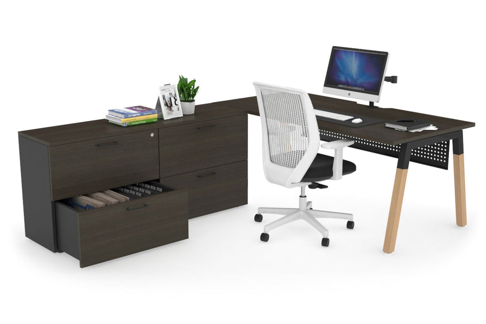 Quadro A Legs Executive Setting - Wood Legs Black Cross Beam [1600L x 800W with Cable Scallop]-dark oak black modesty 4 drawer lateral filing cabinet