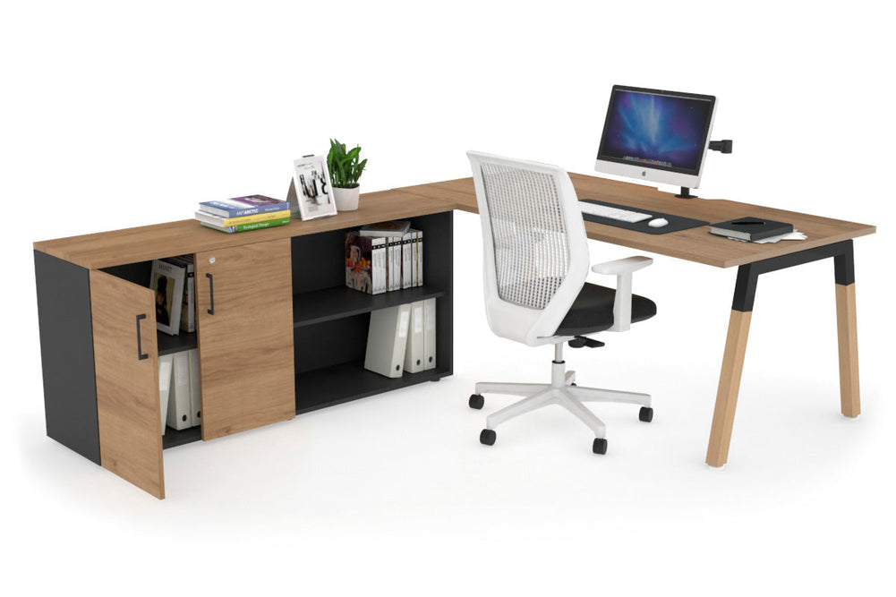 Quadro A Legs Executive Setting - Wood Legs Black Cross Beam [1600L x 800W with Cable Scallop]-salvage oak none 2 door open storage cabinet
