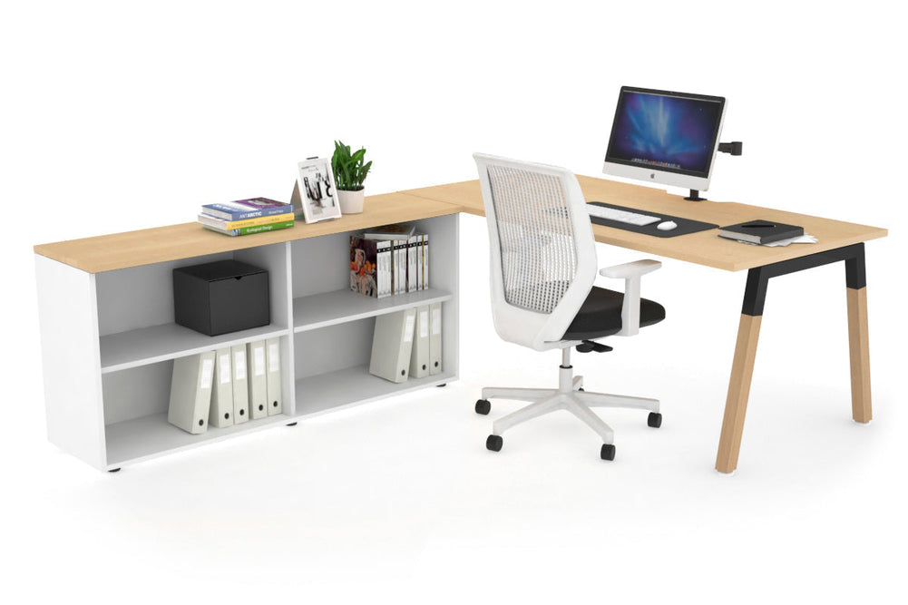 Quadro A Legs Executive Setting - Wood Legs Black Cross Beam [1600L x 800W with Cable Scallop]-maple none open bookcase