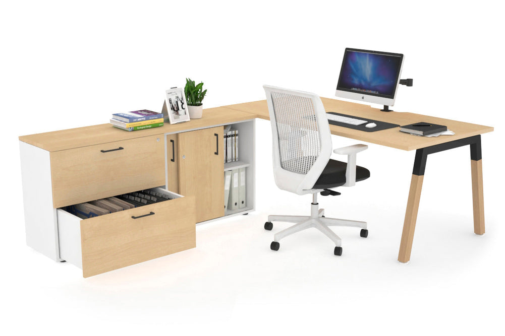 Quadro A Legs Executive Setting - Wood Legs Black Cross Beam [1600L x 800W with Cable Scallop]-maple none 2 drawer lateral sliding door credenza