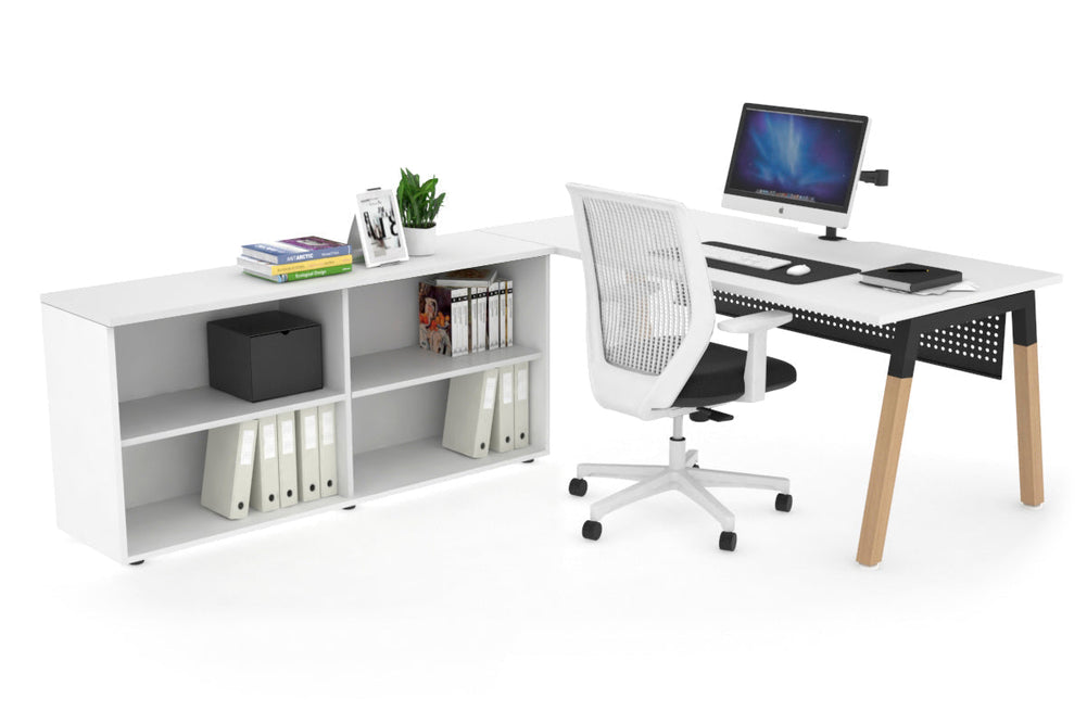 Quadro A Legs Executive Setting - Wood Legs Black Cross Beam [1600L x 800W with Cable Scallop]-white black modesty open bookcase