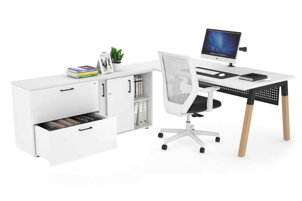 Quadro A Legs Executive Setting - Wood Legs Black Cross Beam [1600L x 800W with Cable Scallop]-white black modesty 2 drawer lateral sliding door credenza