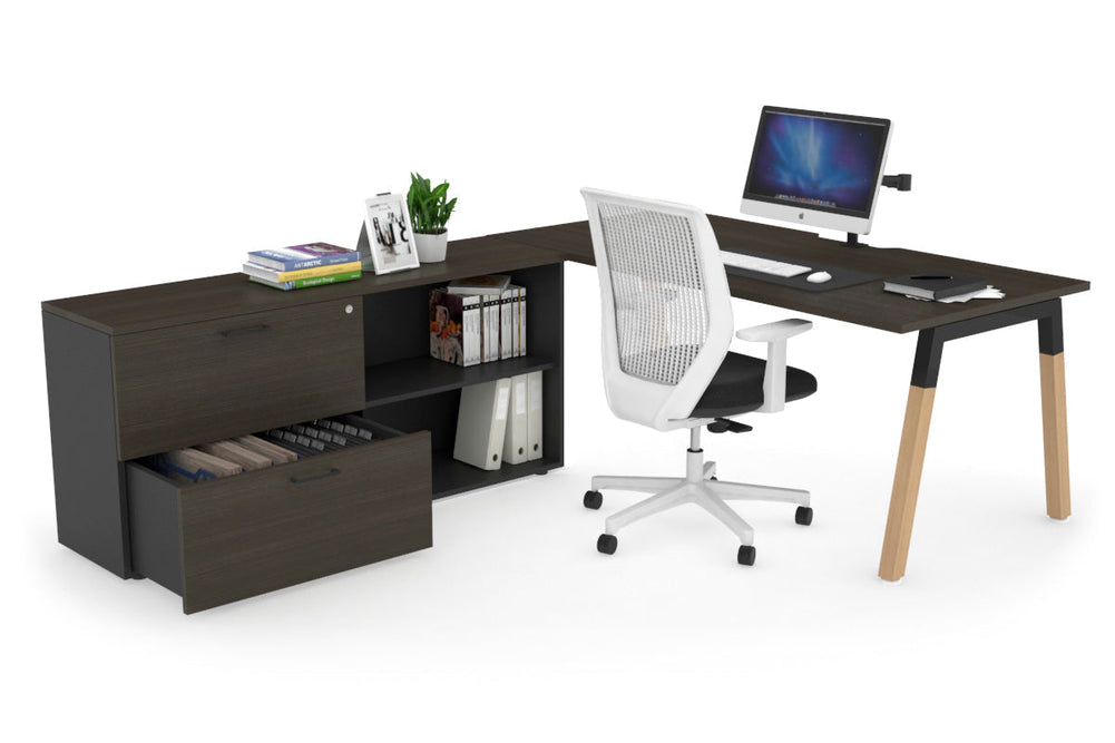 Quadro A Legs Executive Setting - Wood Legs Black Cross Beam [1600L x 800W with Cable Scallop]-dark oak none 2 drawer open filing cabinet