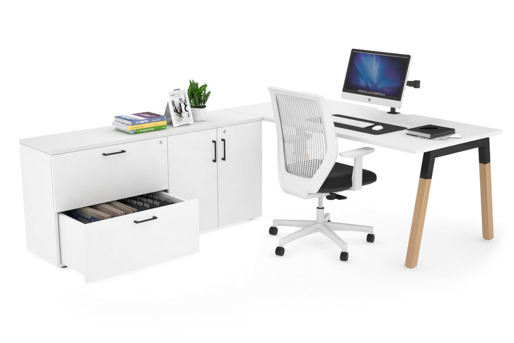 Quadro A Legs Executive Setting - Wood Legs Black Cross Beam [1600L x 800W with Cable Scallop]-white none 2 drawer 2 door filing cabinet