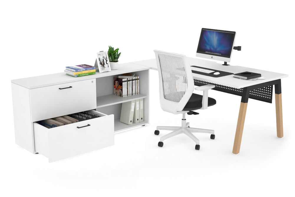 Quadro A Legs Executive Setting - Wood Legs Black Cross Beam [1600L x 800W with Cable Scallop]-white black modesty 2 drawer open filing cabinet