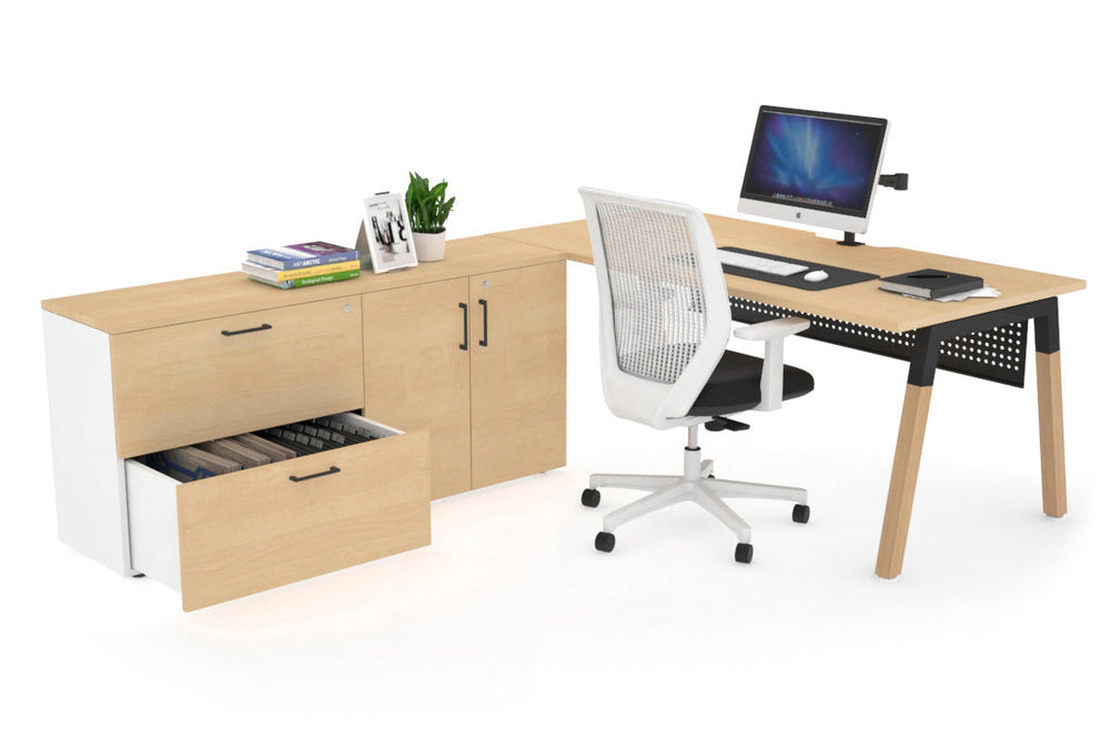 Quadro A Legs Executive Setting - Wood Legs Black Cross Beam [1600L x 800W with Cable Scallop]-maple black modesty 2 drawer 2 door filing cabinet