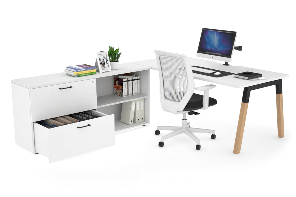 Quadro A Legs Executive Setting - Wood Legs Black Cross Beam [1600L x 800W with Cable Scallop]-white none 2 drawer open filing cabinet