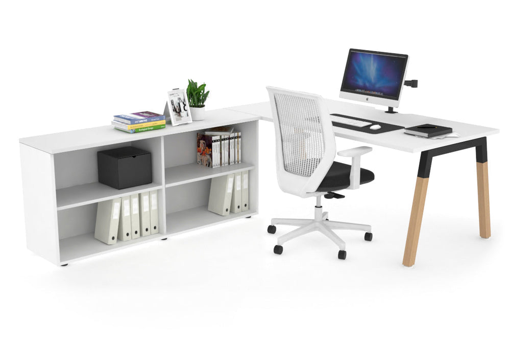 Quadro A Legs Executive Setting - Wood Legs Black Cross Beam [1600L x 800W with Cable Scallop]-white none open bookcase