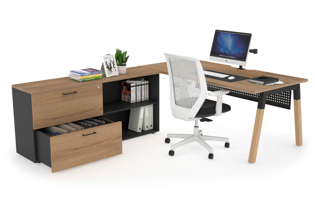 Quadro A Legs Executive Setting - Wood Legs Black Cross Beam [1600L x 800W with Cable Scallop]-salvage oak black modesty 2 drawer open filing cabinet