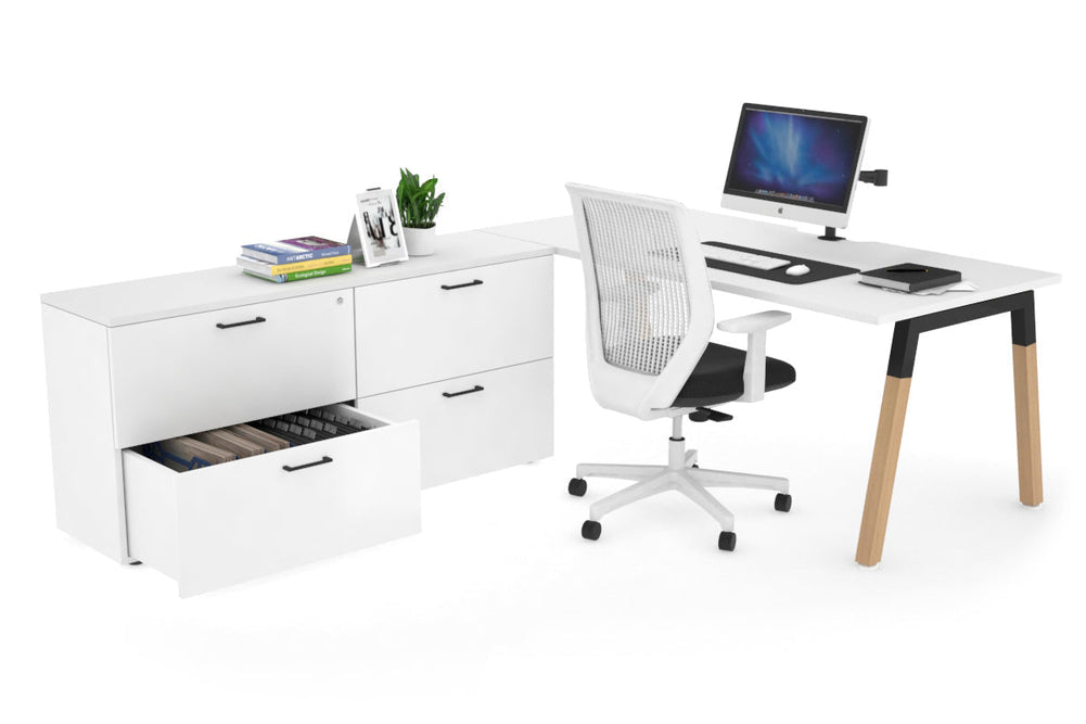 Quadro A Legs Executive Setting - Wood Legs Black Cross Beam [1600L x 800W with Cable Scallop]-white none 4 drawer lateral filing cabinet