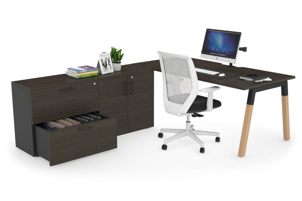Quadro A Legs Executive Setting - Wood Legs Black Cross Beam [1600L x 800W with Cable Scallop]-dark oak none 2 drawer 2 door filing cabinet