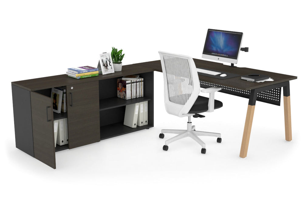 Quadro A Legs Executive Setting - Wood Legs Black Cross Beam [1600L x 800W with Cable Scallop]-dark oak black modesty 2 door open storage cabinet