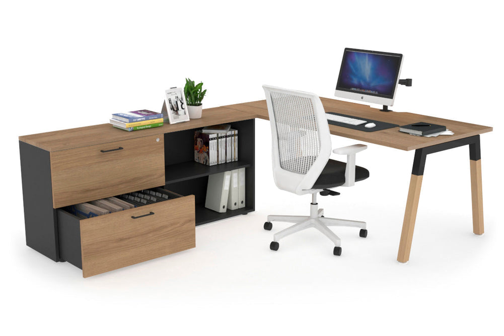 Quadro A Legs Executive Setting - Wood Legs Black Cross Beam [1600L x 800W with Cable Scallop]-salvage oak none 2 drawer open filing cabinet