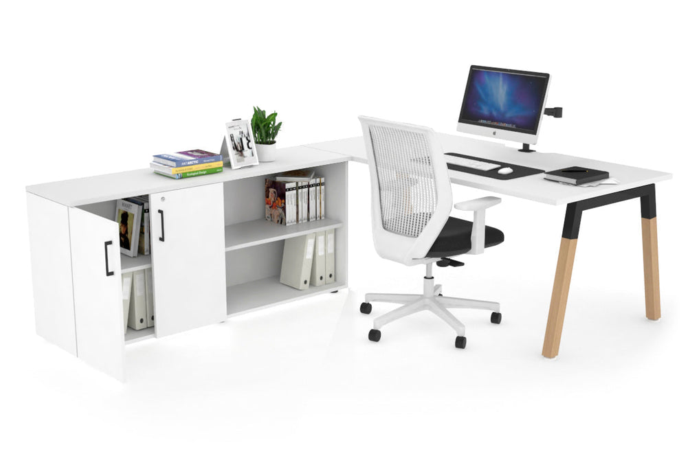 Quadro A Legs Executive Setting - Wood Legs Black Cross Beam [1600L x 800W with Cable Scallop]-white none 2 door open storage cabinet