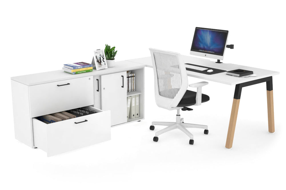 Quadro A Legs Executive Setting - Wood Legs Black Cross Beam [1600L x 800W with Cable Scallop]-white none 2 drawer lateral sliding door credenza