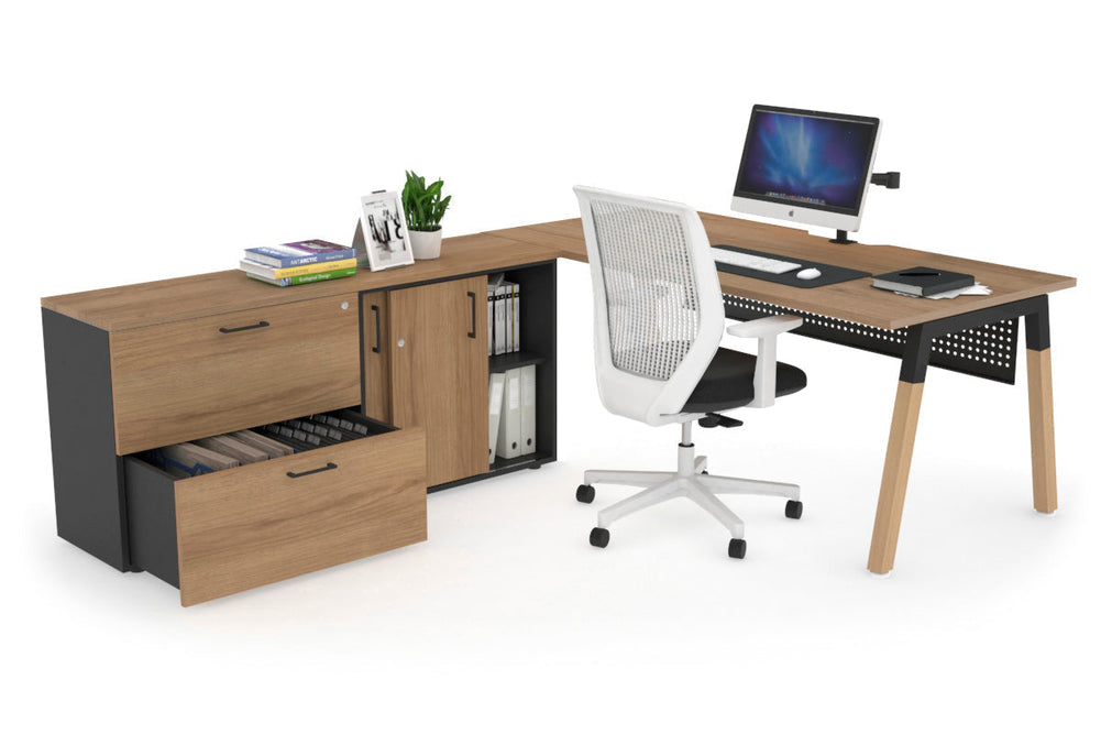 Quadro A Legs Executive Setting - Wood Legs Black Cross Beam [1600L x 800W with Cable Scallop]-salvage oak black modesty 2 drawer lateral sliding door credenza