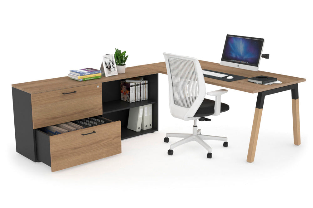 Quadro A Legs Executive Setting - Wood Legs Black Cross Beam [1800L x 700W]-salvage oak none 2 drawer open filing cabinet