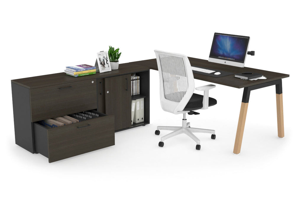 Quadro A Legs Executive Setting - Wood Legs Black Cross Beam [1800L x 700W]-dark oak none 2 drawer lateral sliding door credenza