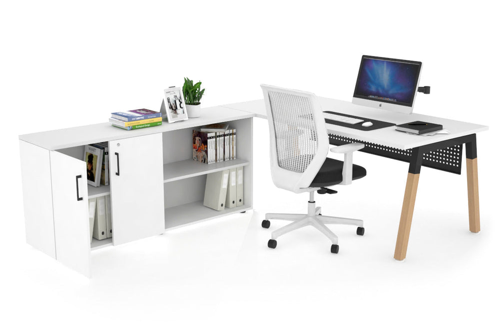 Quadro A Legs Executive Setting - Wood Legs Black Cross Beam [1800L x 700W]-white black modesty 2 door open storage cabinet