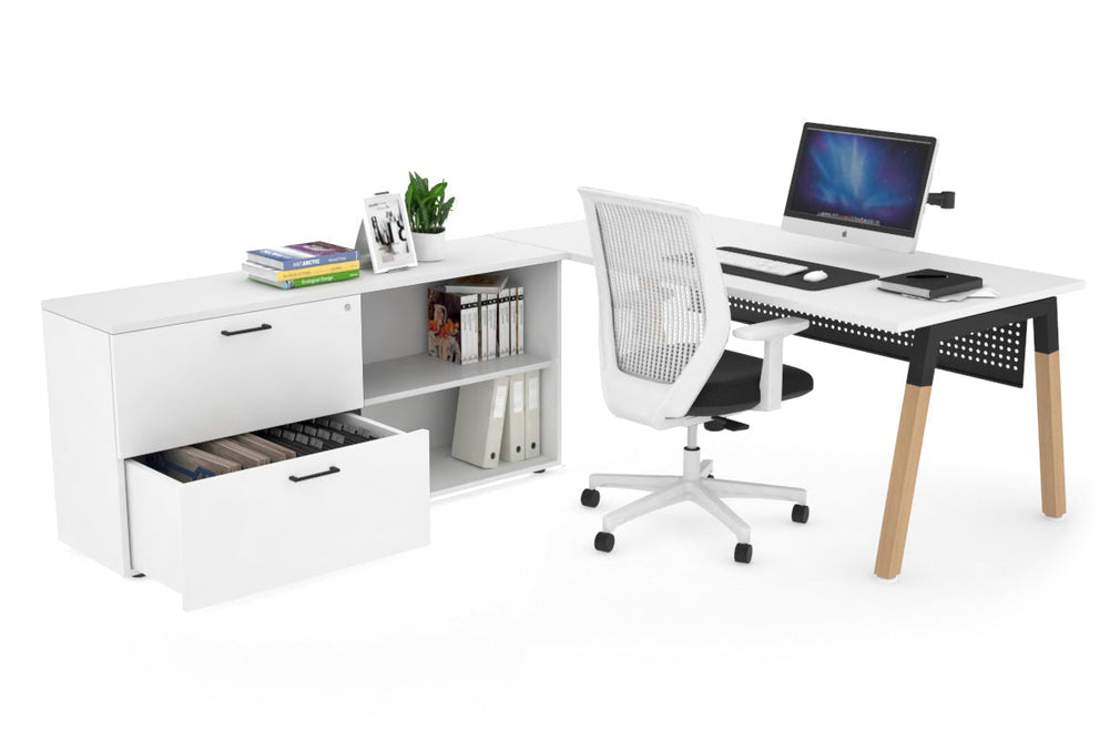 Quadro A Legs Executive Setting - Wood Legs Black Cross Beam [1800L x 700W]-white black modesty 2 drawer open filing cabinet