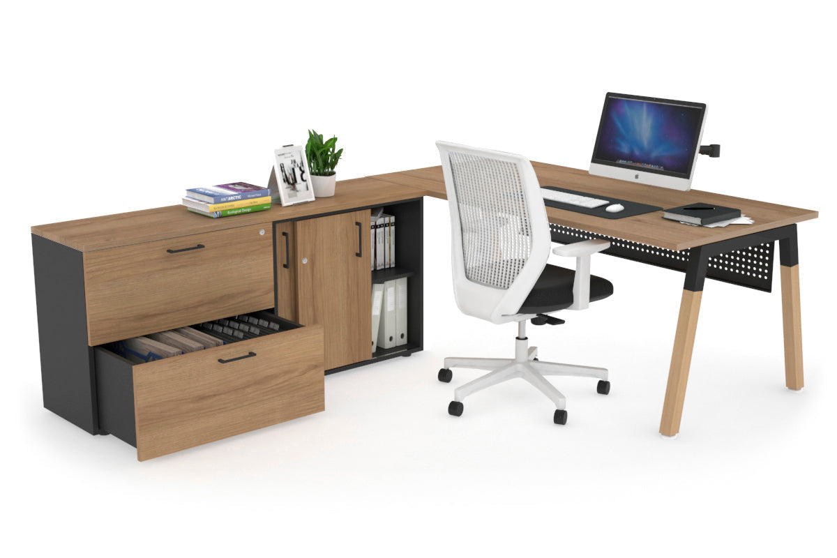 Quadro Wood Executive Setting - Black Frame [1800L x 700W] Jasonl salvage oak black modesty 2 drawer lateral sliding door credenza