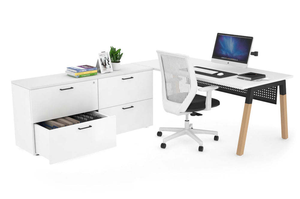 Quadro A Legs Executive Setting - Wood Legs Black Cross Beam [1800L x 700W]-white black modesty 4 drawer lateral filing cabinet