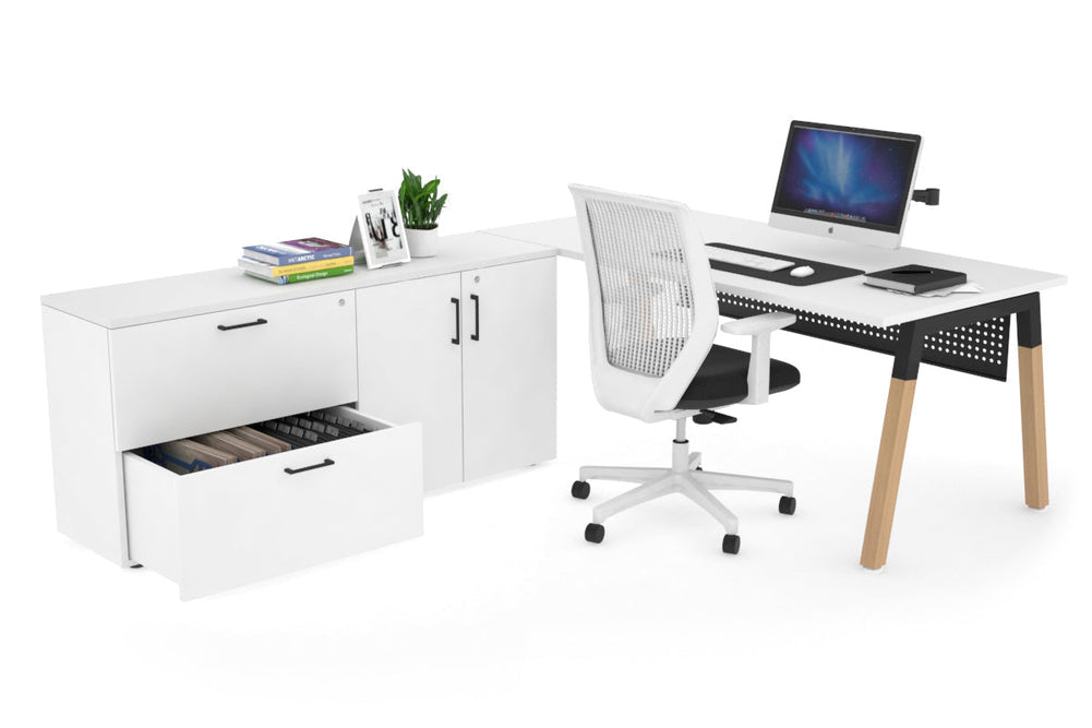 Quadro A Legs Executive Setting - Wood Legs Black Cross Beam [1800L x 700W]-white black modesty 2 drawer 2 door filing cabinet