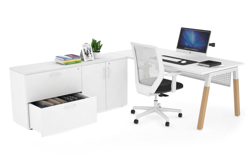 Quadro A Legs Executive Setting - Wood Legs White Cross Beam [1600L x 700W]-white white modesty 2 drawer 2 door filing cabinet