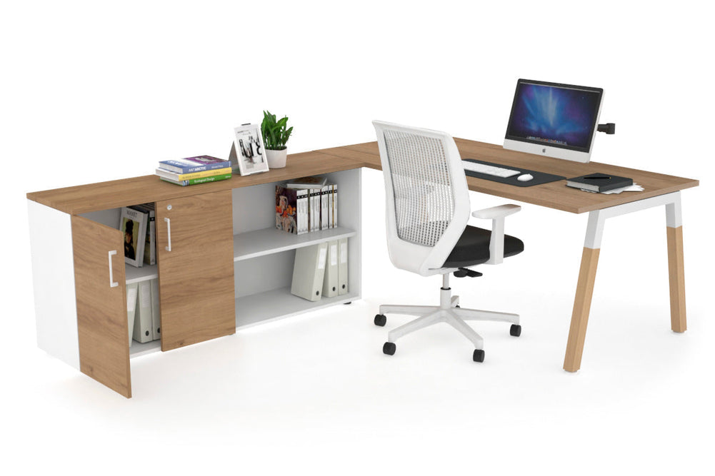 Quadro A Legs Executive Setting - Wood Legs White Cross Beam [1600L x 700W]-salvage oak none 2 door open storage cabinet