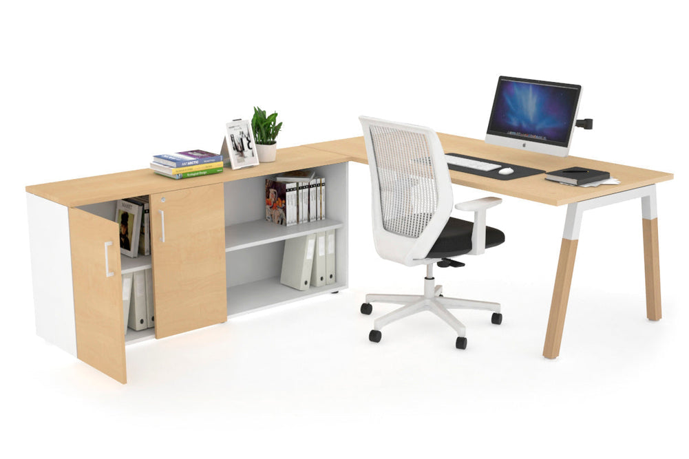 Quadro A Legs Executive Setting - Wood Legs White Cross Beam [1600L x 700W]-maple none 2 door open storage cabinet