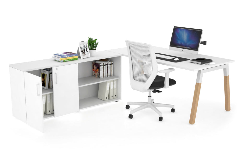 Quadro A Legs Executive Setting - Wood Legs White Cross Beam [1600L x 700W]-white none 2 door open storage cabinet