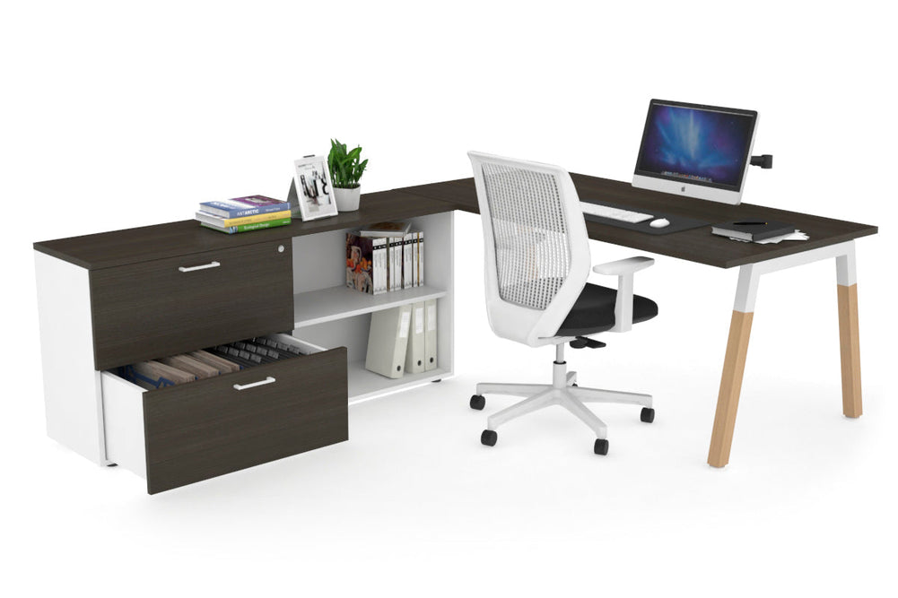 Quadro A Legs Executive Setting - Wood Legs White Cross Beam [1600L x 700W]-dark oak none 2 drawer open filing cabinet