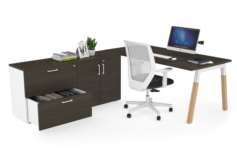 Quadro A Legs Executive Setting - Wood Legs White Cross Beam [1600L x 700W]-dark oak none 2 drawer 2 door filing cabinet
