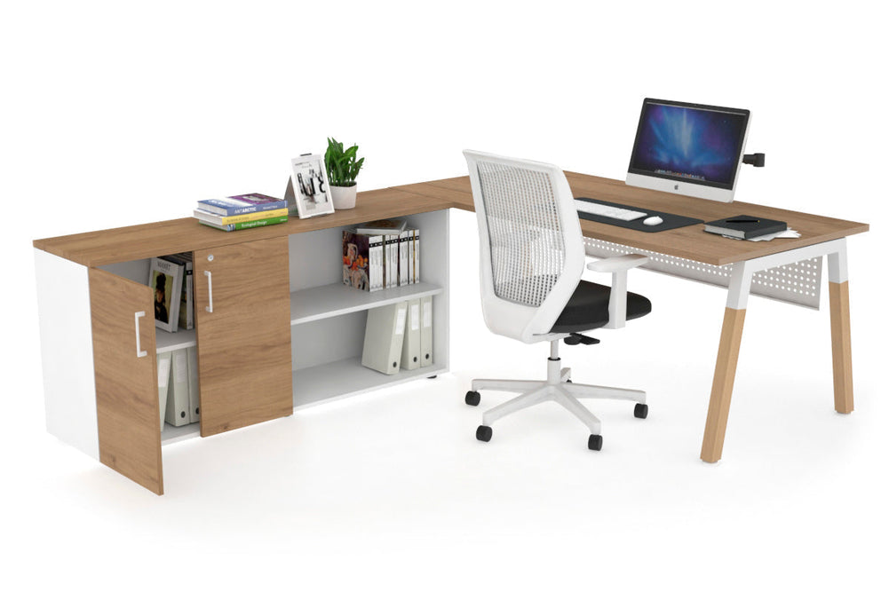 Quadro A Legs Executive Setting - Wood Legs White Cross Beam [1600L x 700W]-salvage oak white modesty 2 door open storage cabinet