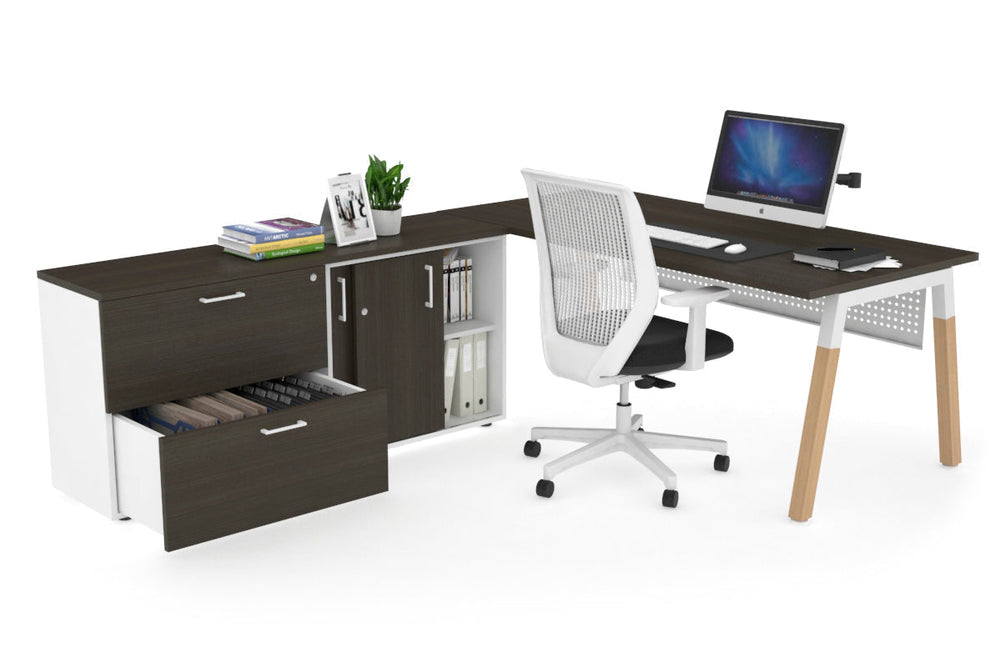 Quadro A Legs Executive Setting - Wood Legs White Cross Beam [1600L x 700W]-dark oak white modesty 2 drawer lateral sliding door credenza