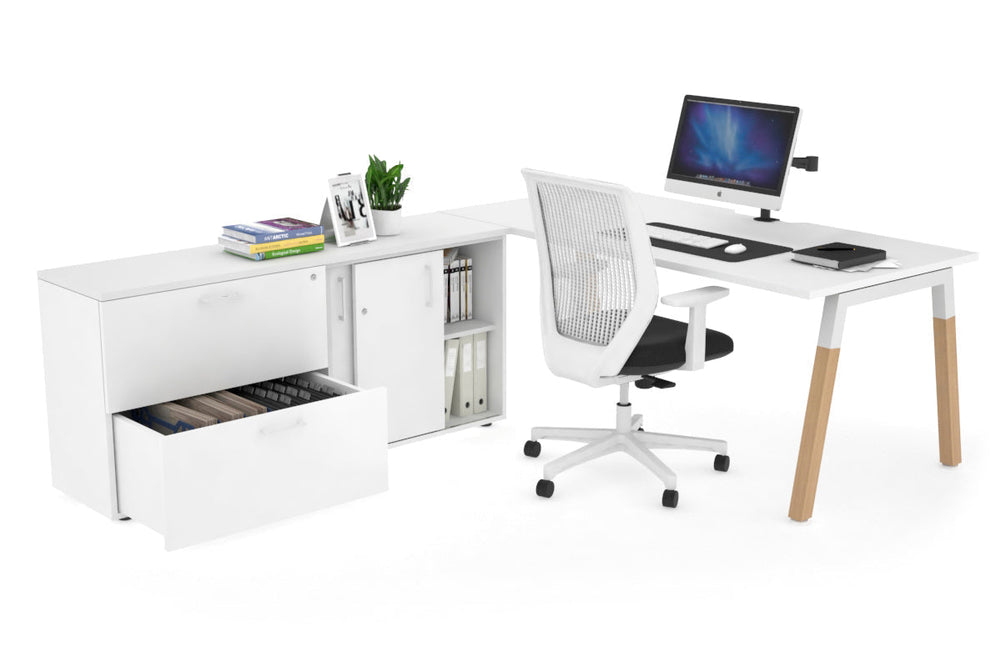 Quadro A Legs Executive Setting - Wood Legs White Cross Beam [1600L x 800W with Cable Scallop]-white none 2 drawer lateral sliding door credenza