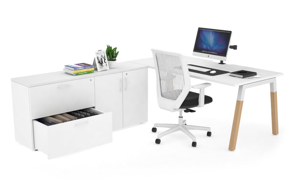 Quadro A Legs Executive Setting - Wood Legs White Cross Beam [1600L x 800W with Cable Scallop]-white none 2 drawer 2 door filing cabinet