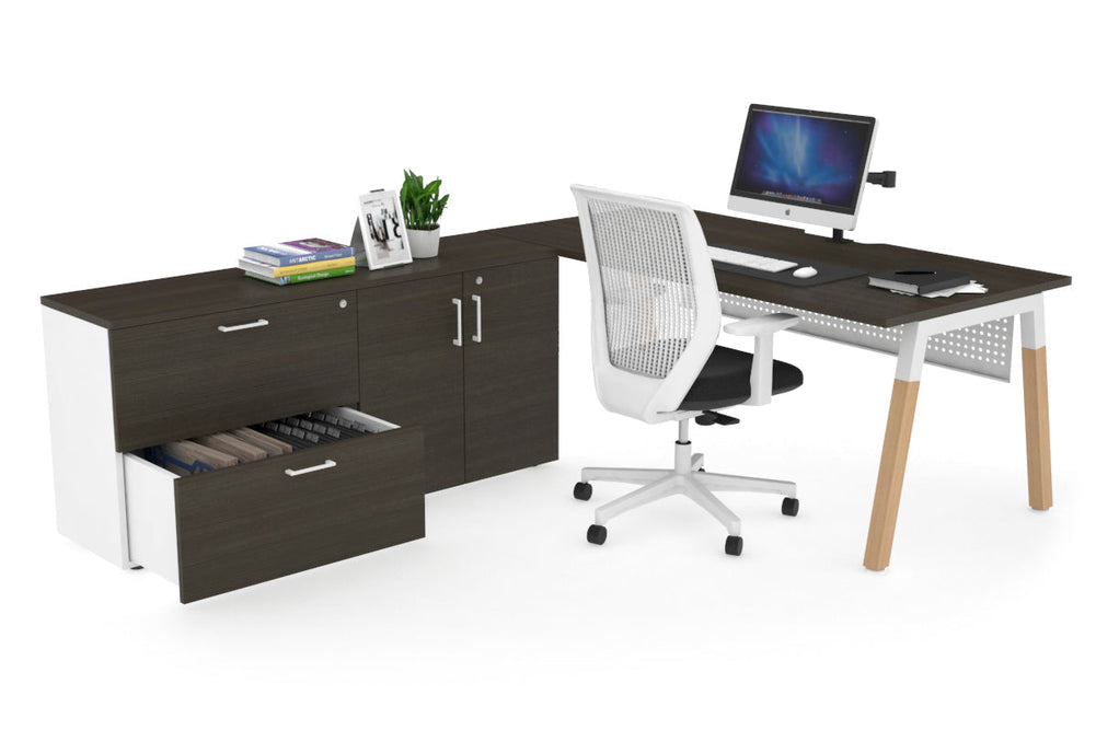 Quadro A Legs Executive Setting - Wood Legs White Cross Beam [1600L x 800W with Cable Scallop]-dark oak white modesty 2 drawer 2 door filing cabinet